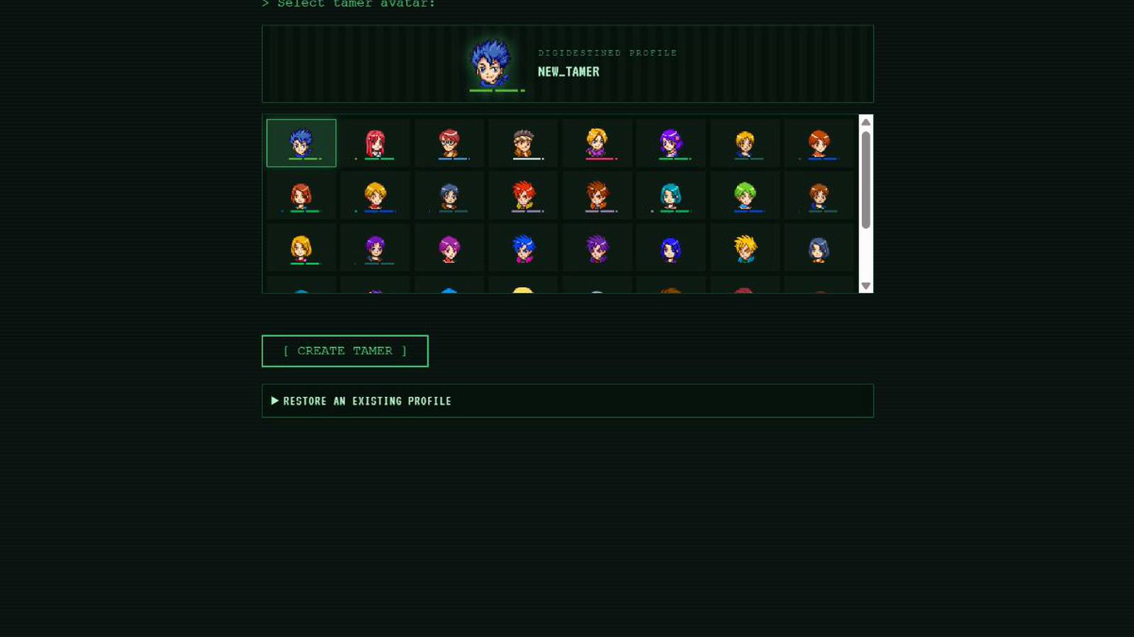 Close view of the Digilike Tamer creator showing the selected profile and portrait roster